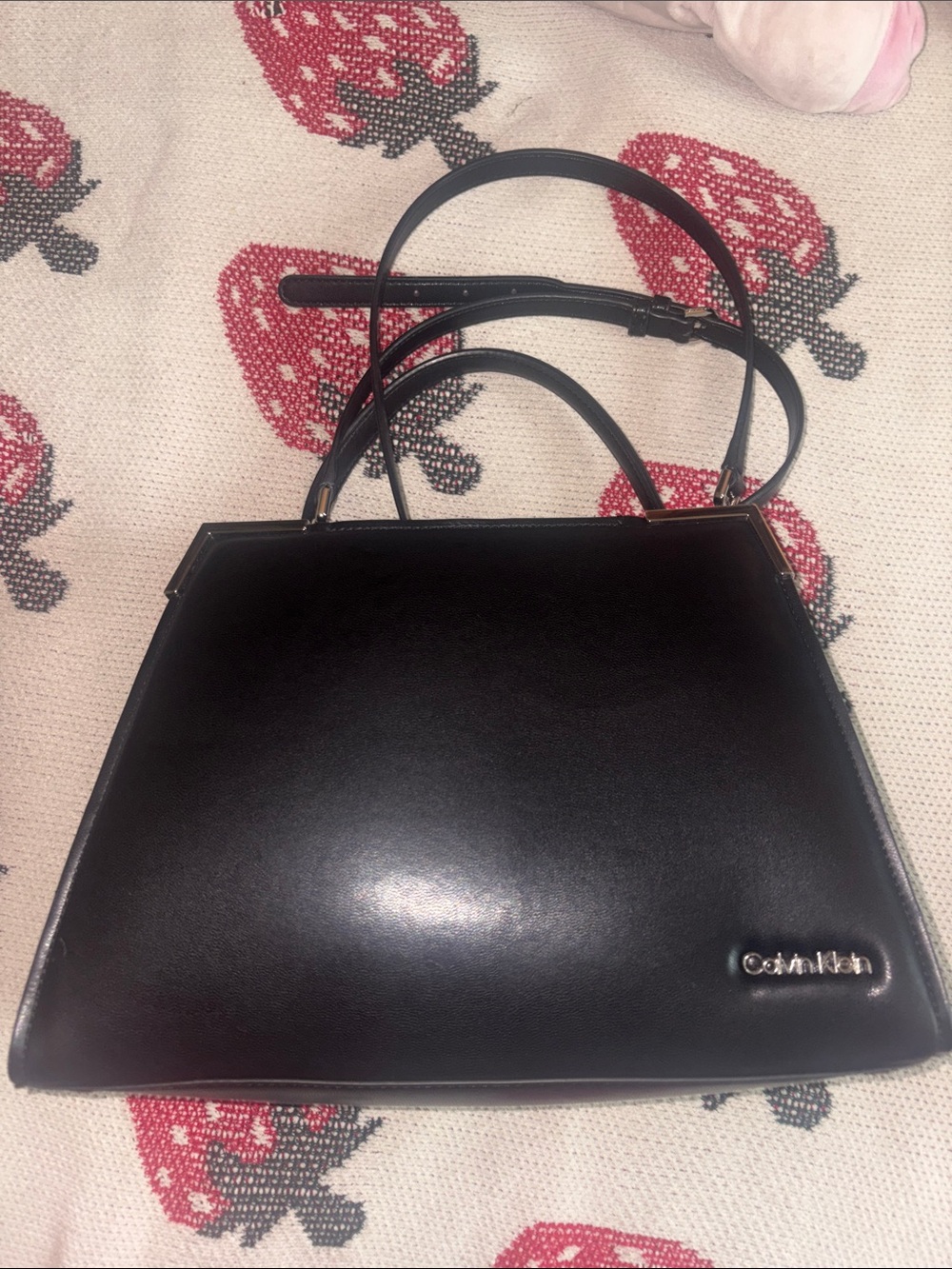 Calvin Klein Black Structured Leather Satchel with Removable Strap
